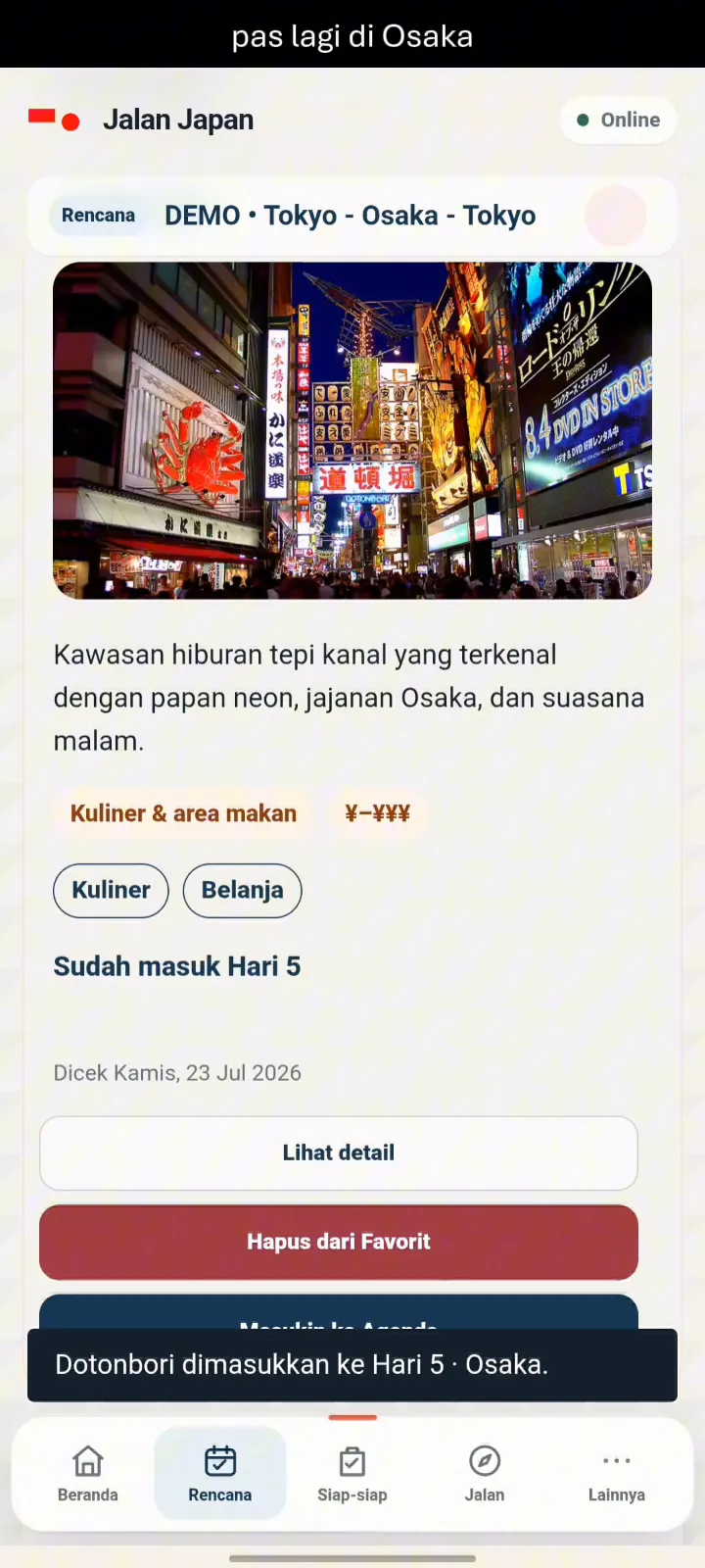 Dotonbori berhasil dimasukkan ke Hari 5 di JalanJapan